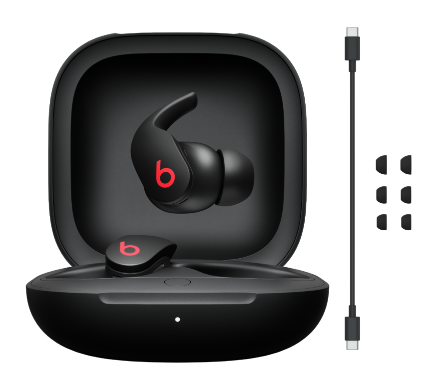 Beats Fit Pro et tout le contenu de l’emballage : écouteurs, étui, câble de recharge et embouts auriculaires