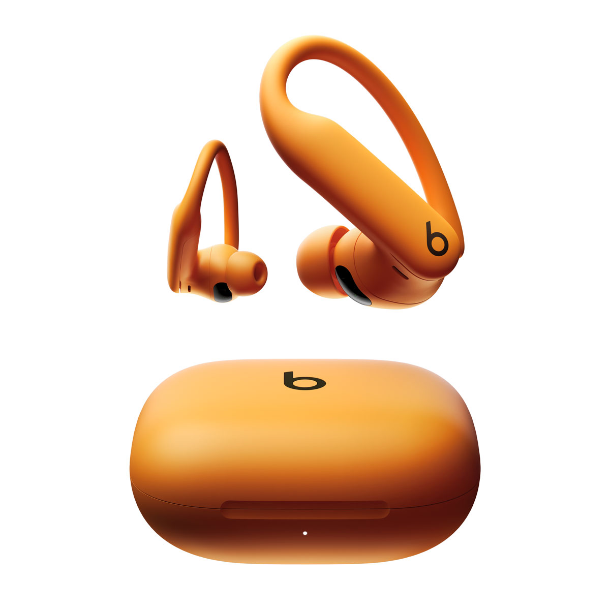 Primer plano de unos Powerbeats Pro 2 naranja eléctrico.