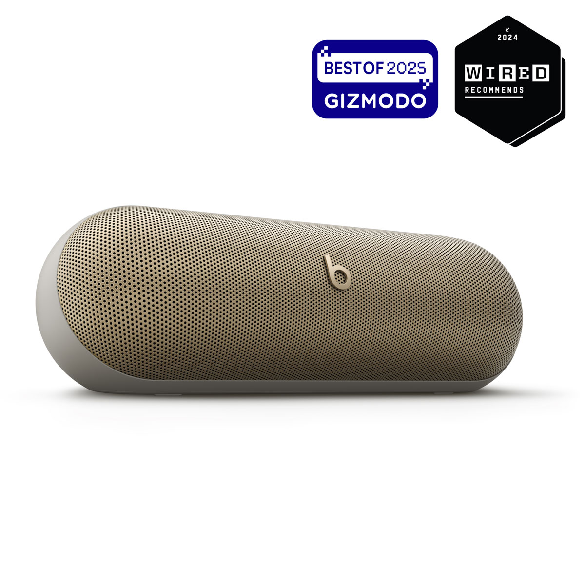 Beats Pill speaker in Champagne Gold with Best of 2025 Gizmodo badge and 2024 Wired Recommends badge