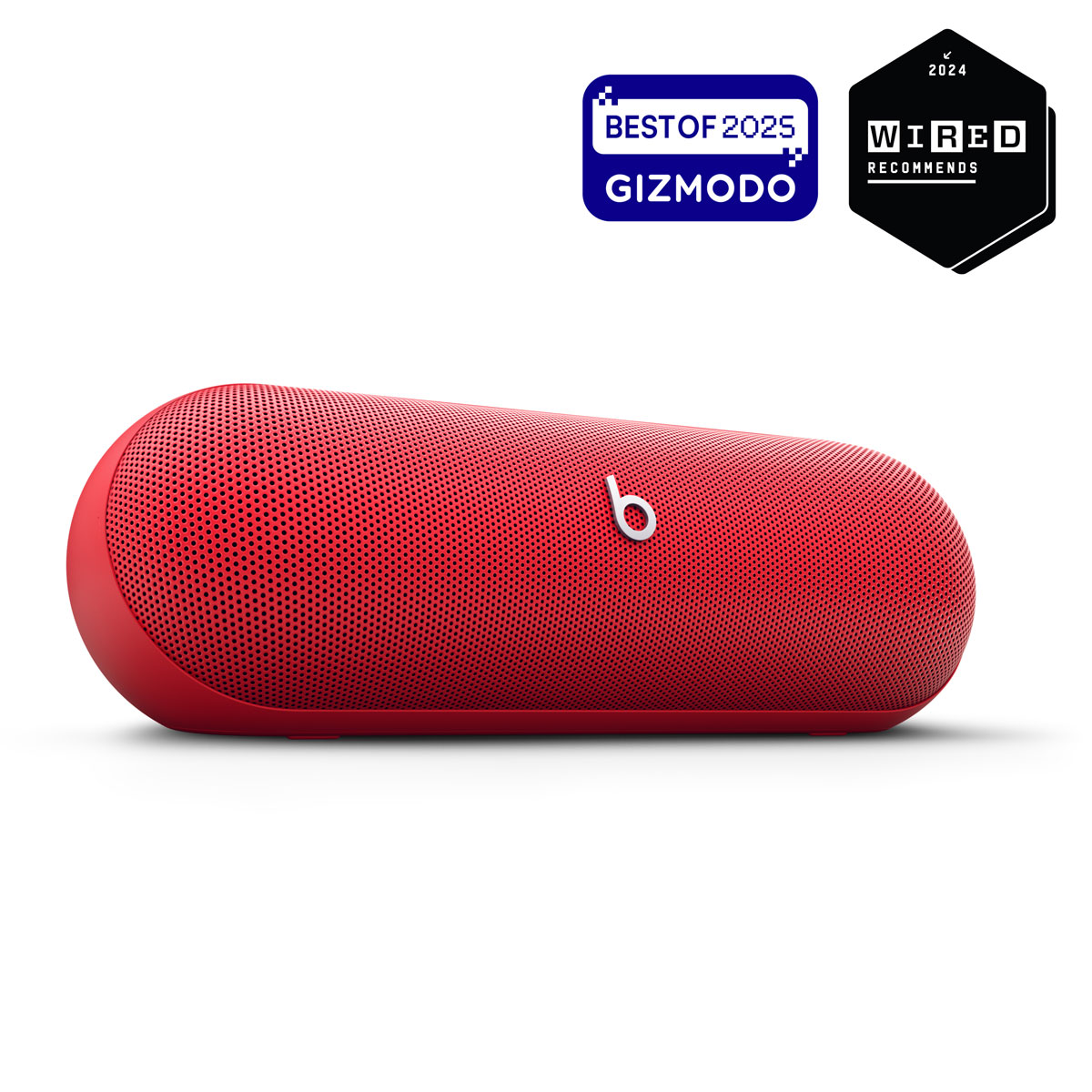 Close-up of Beats Pill in Statement Red with Best of 2025 Gizmodo badge and 2024 Wired Recommends badge.